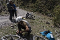 First puncture , Descending Kegeti pass, Kyrgyzstan, Friday, Aug. 27, 2021.  (Yam G-Jun)